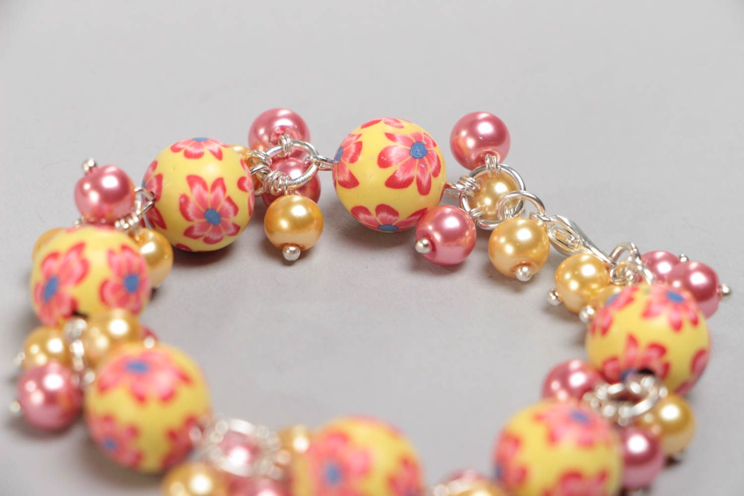Handmade yellow children's polymer clay bracelet with charms and beads photo 4