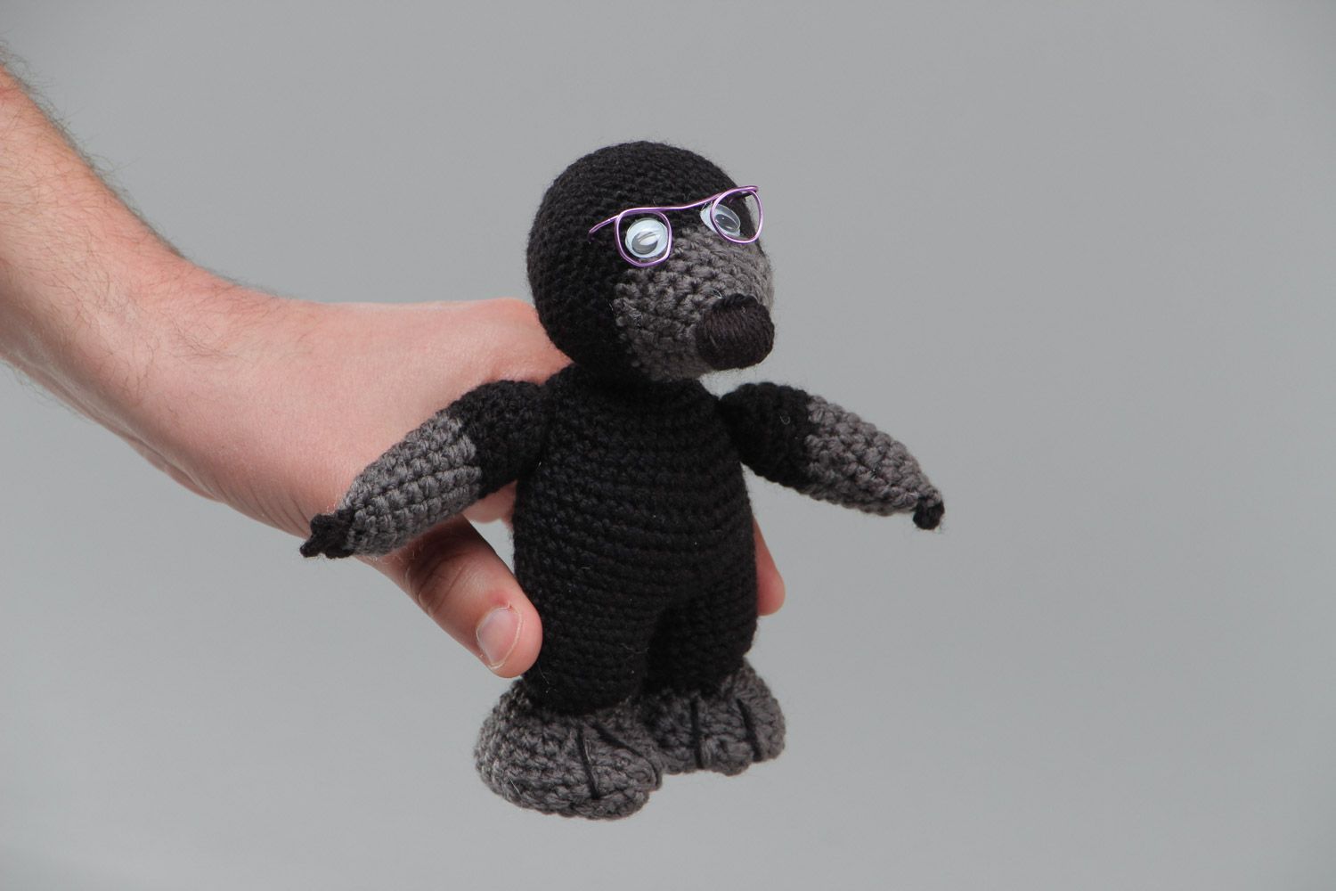 Black and gray handmade crochet soft toy in the shape of mole for children photo 5