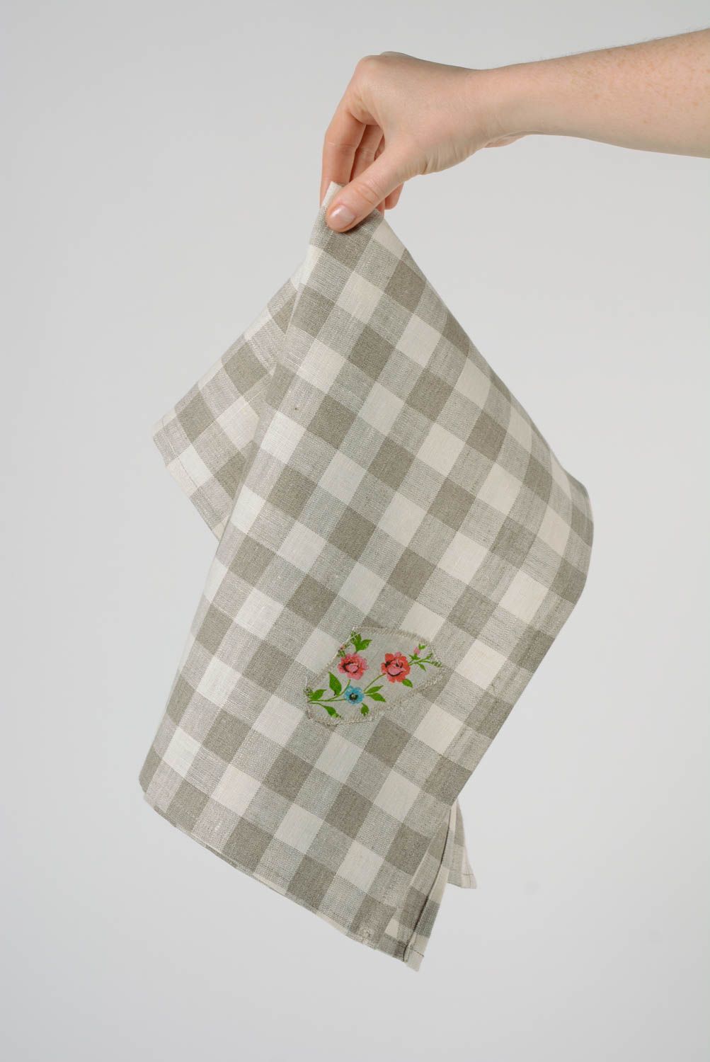 Handmade large kitchen towel sewn of checkered linen fabric with applique work photo 4