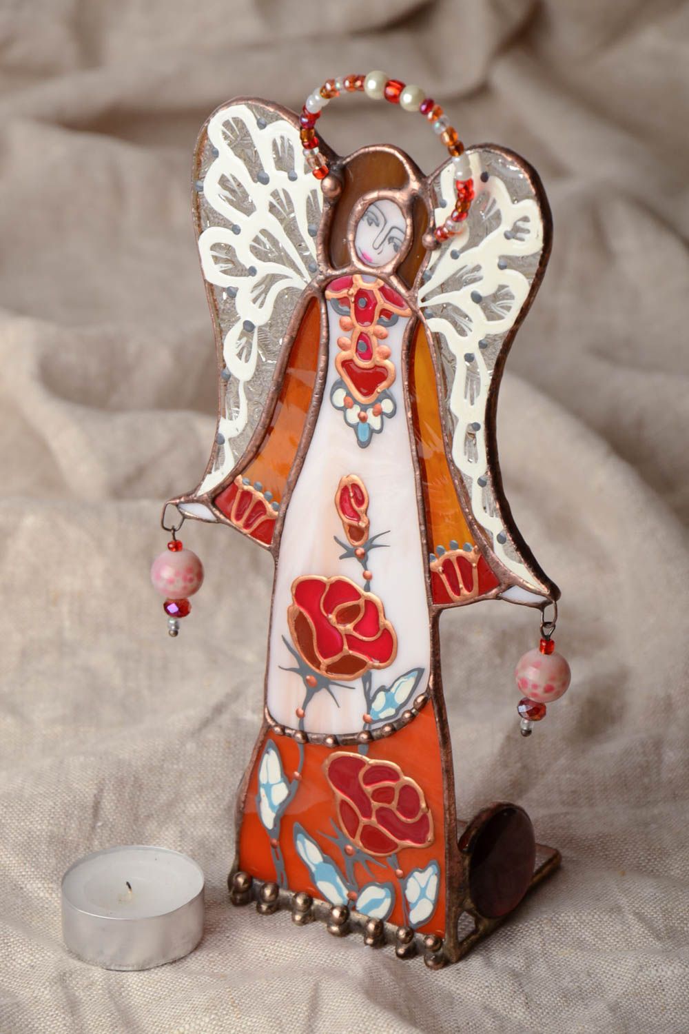 Grand bougeoir en verre figurine ange multicolore fait main technique vitrail photo 1