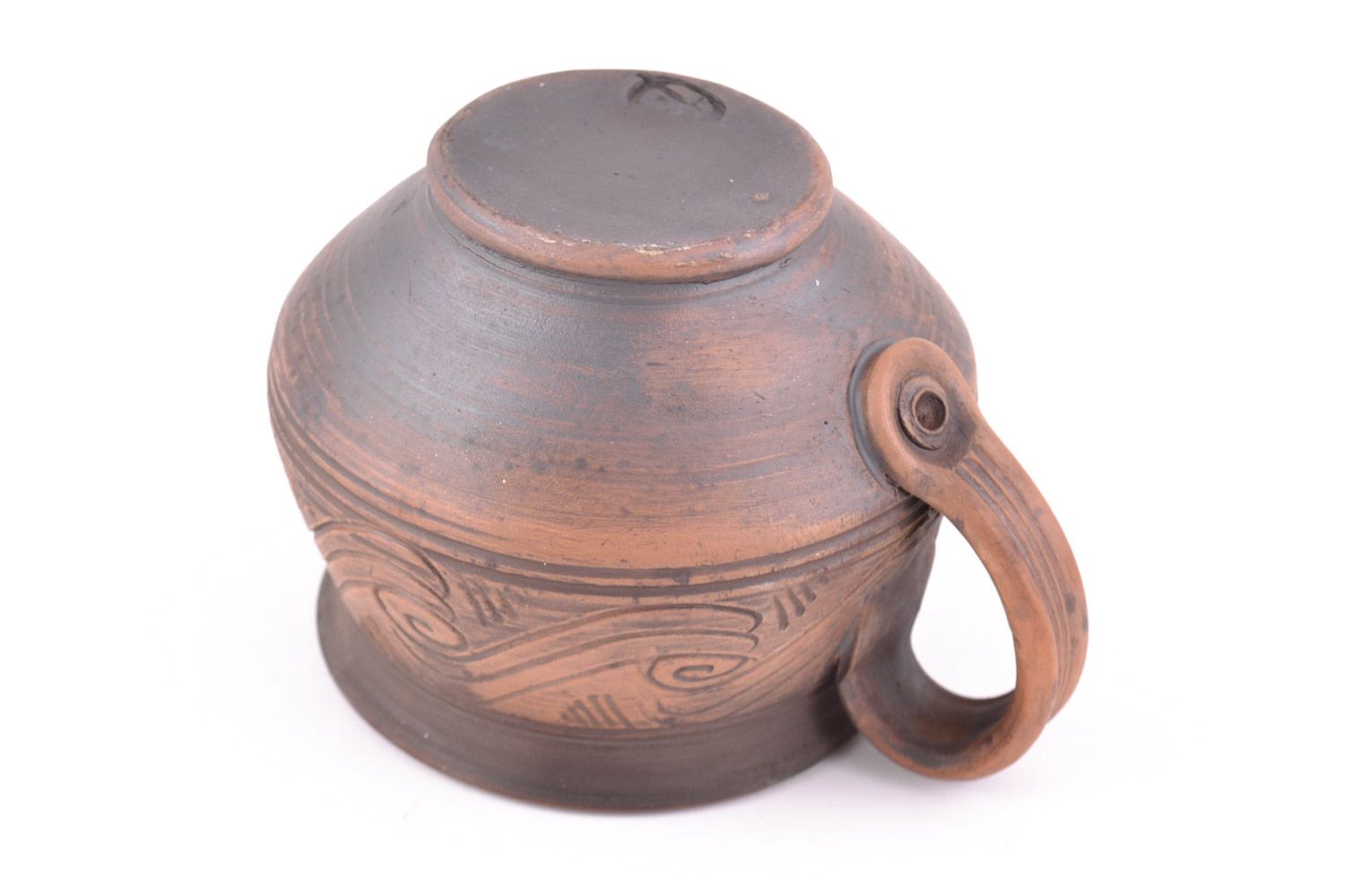 8 oz clay brown coffee bowl-shaped cup with handle and pattern photo 4