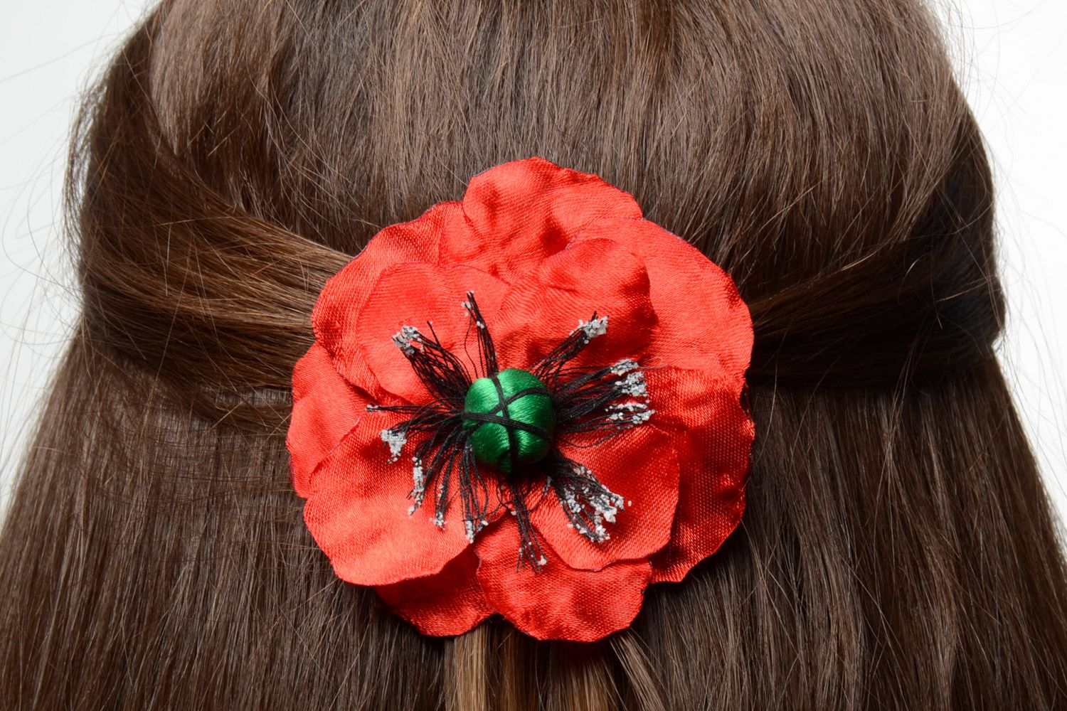 Handmade hair clip with volume red poppy flower made of satin ribbons  photo 1