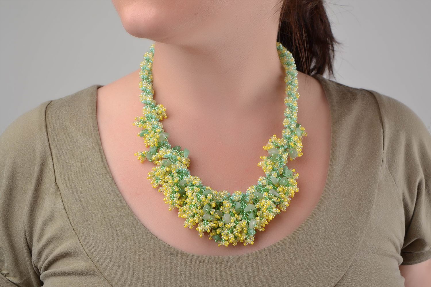 Unusual handmade designer beaded necklace with natural stones green and yellow photo 1