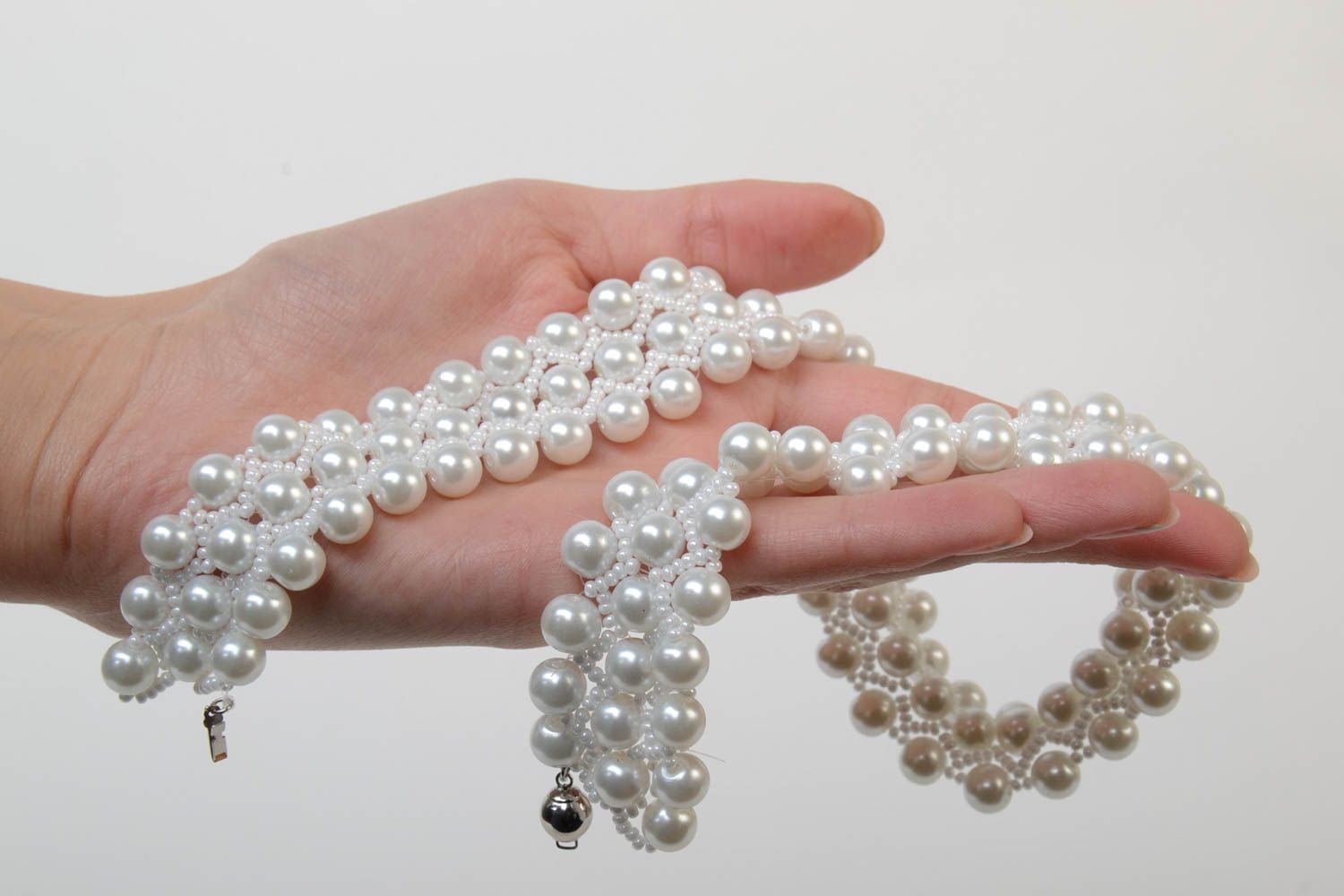 Festive handmade designer necklace woven of Czech beads of light color photo 5