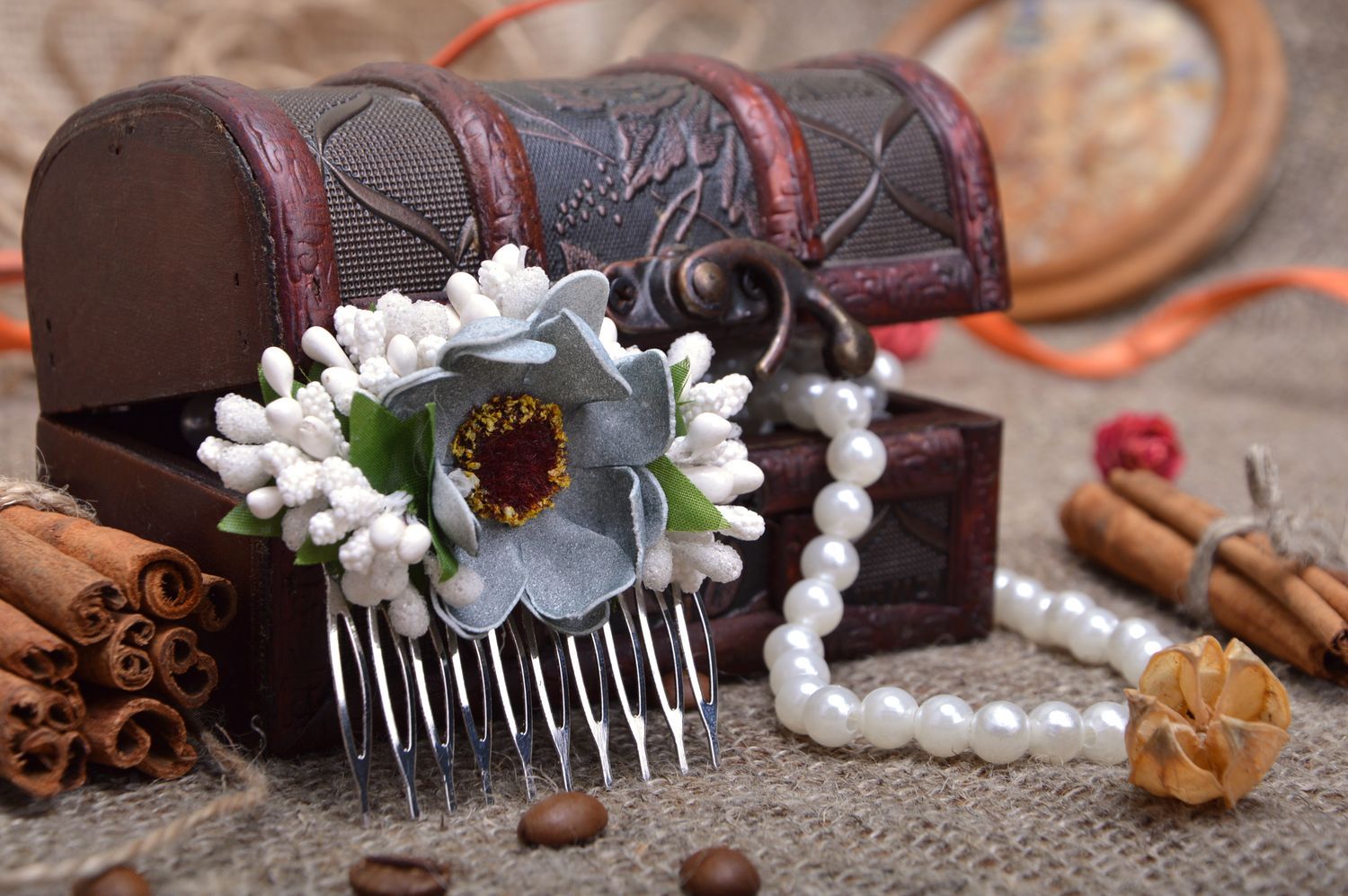 Handmade light gray hair comb with flowers and stamens Forget-me-not photo 1