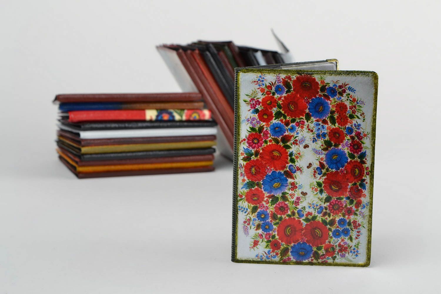 Handmade faux leather passport cover with bright ethnic floral decoupage pattern photo 1