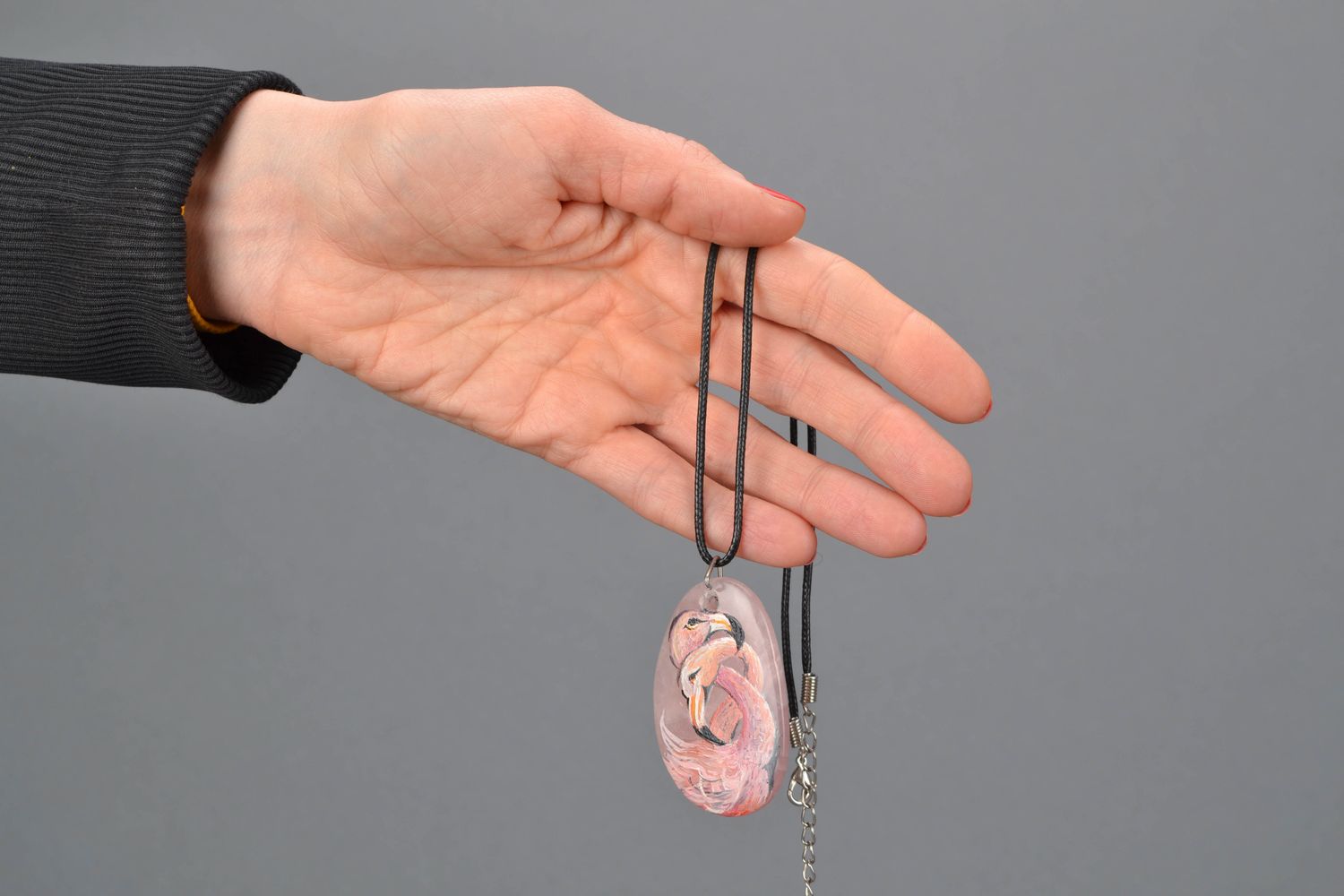 Natural quartz pendant with painting Pink Flamingos photo 2