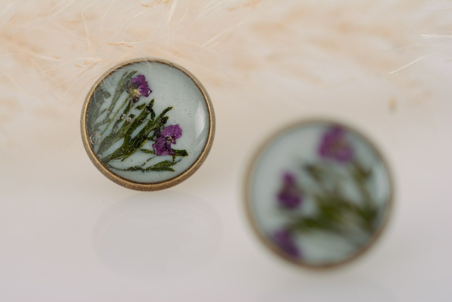 Handmade round stud earrings with tender floral composition in epoxy resin photo 3