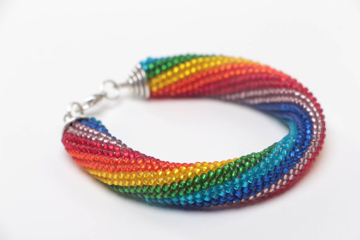 Handmade massive stylish wrist beaded cord bracelet of rainbow coloring photo 3