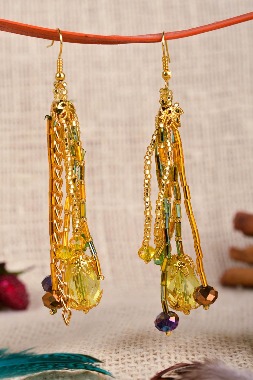 Handmade beaded earrings yellow crystal women accessory designer fashion jewelry photo 2