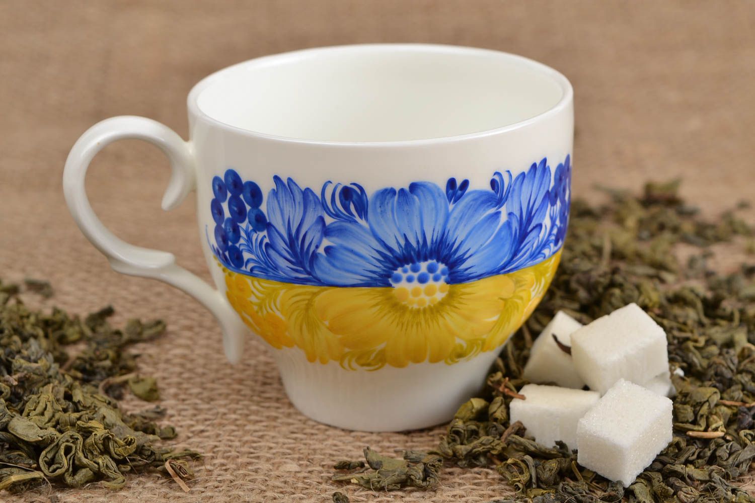 Porcelain teacup in white, yellow, and blue color with handle photo 1