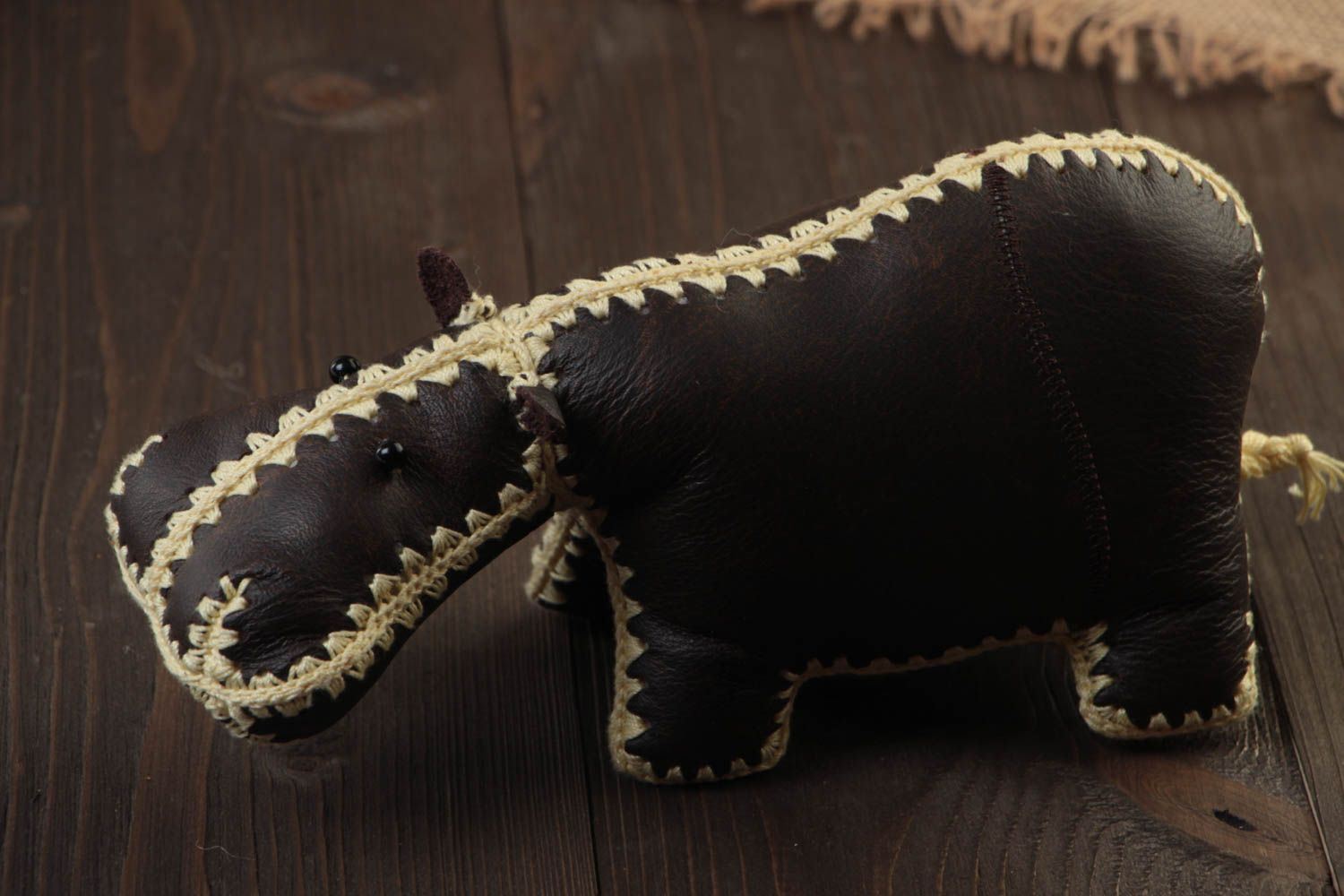 Handmade large designer soft toy sewn of dark leather with light threads Hippo photo 1