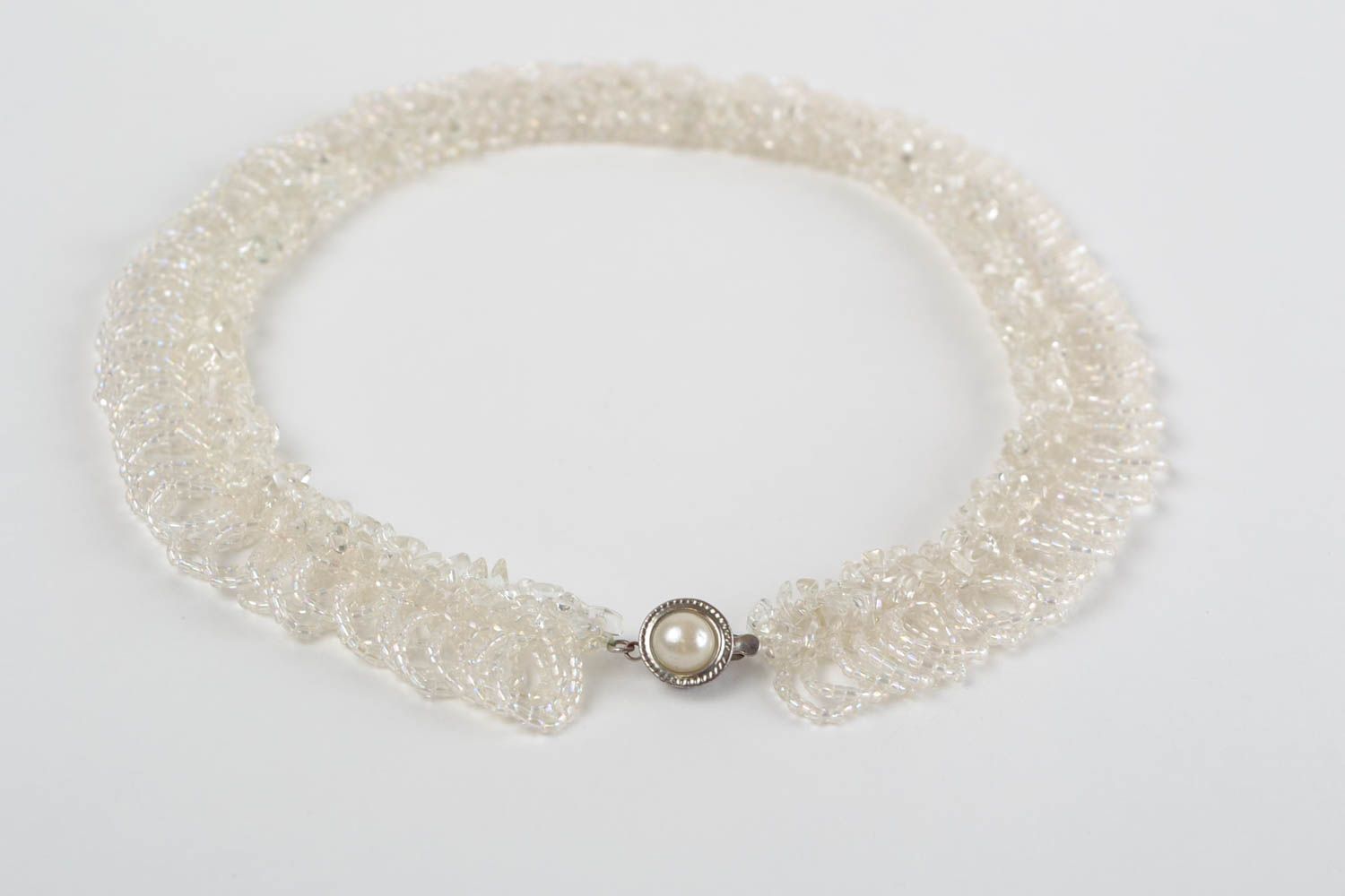 Unusual handmade designer white necklace woven of Czech beads   photo 5