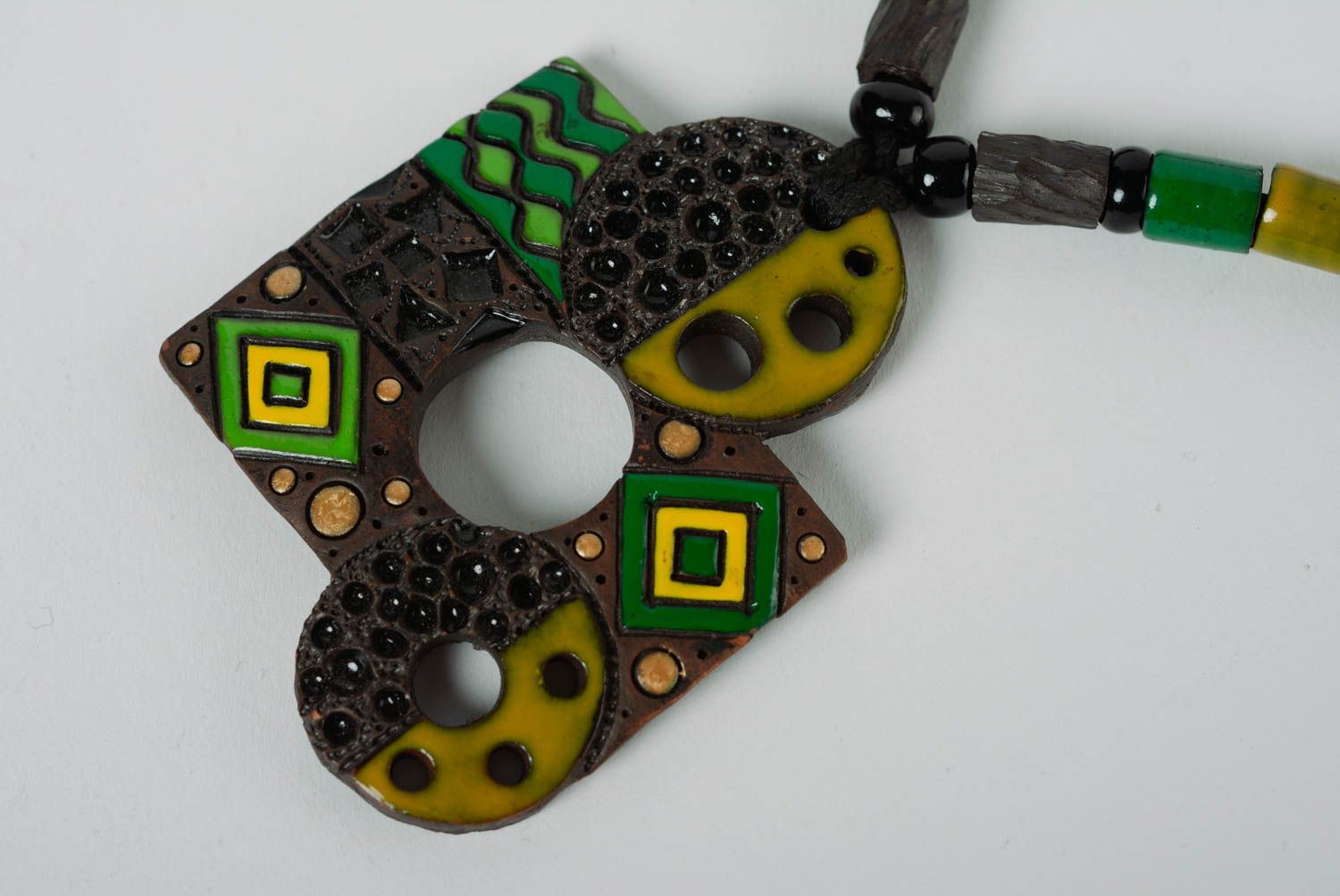 Handmade clay pendant on long cord stylish designer accessory with enamel painting photo 2