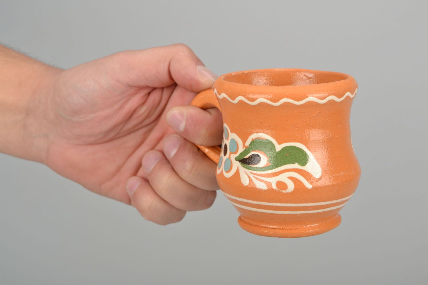 8 oz handmade pottery decorative clay drinking cup with floral pattern in yellow color photo 2