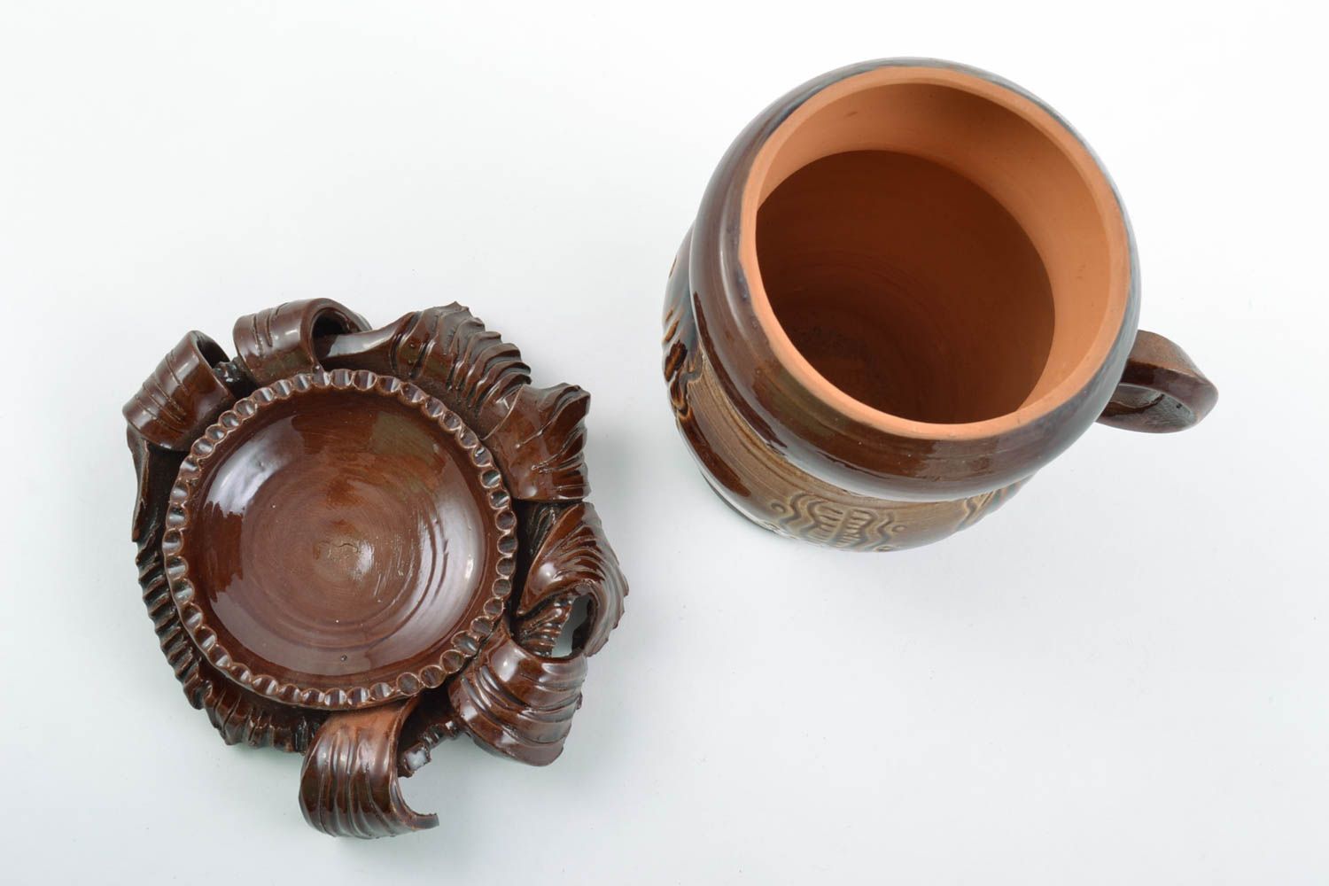 Pot de cuisine en céramique brun couvert de glaçure fait main original 1.3 l photo 3