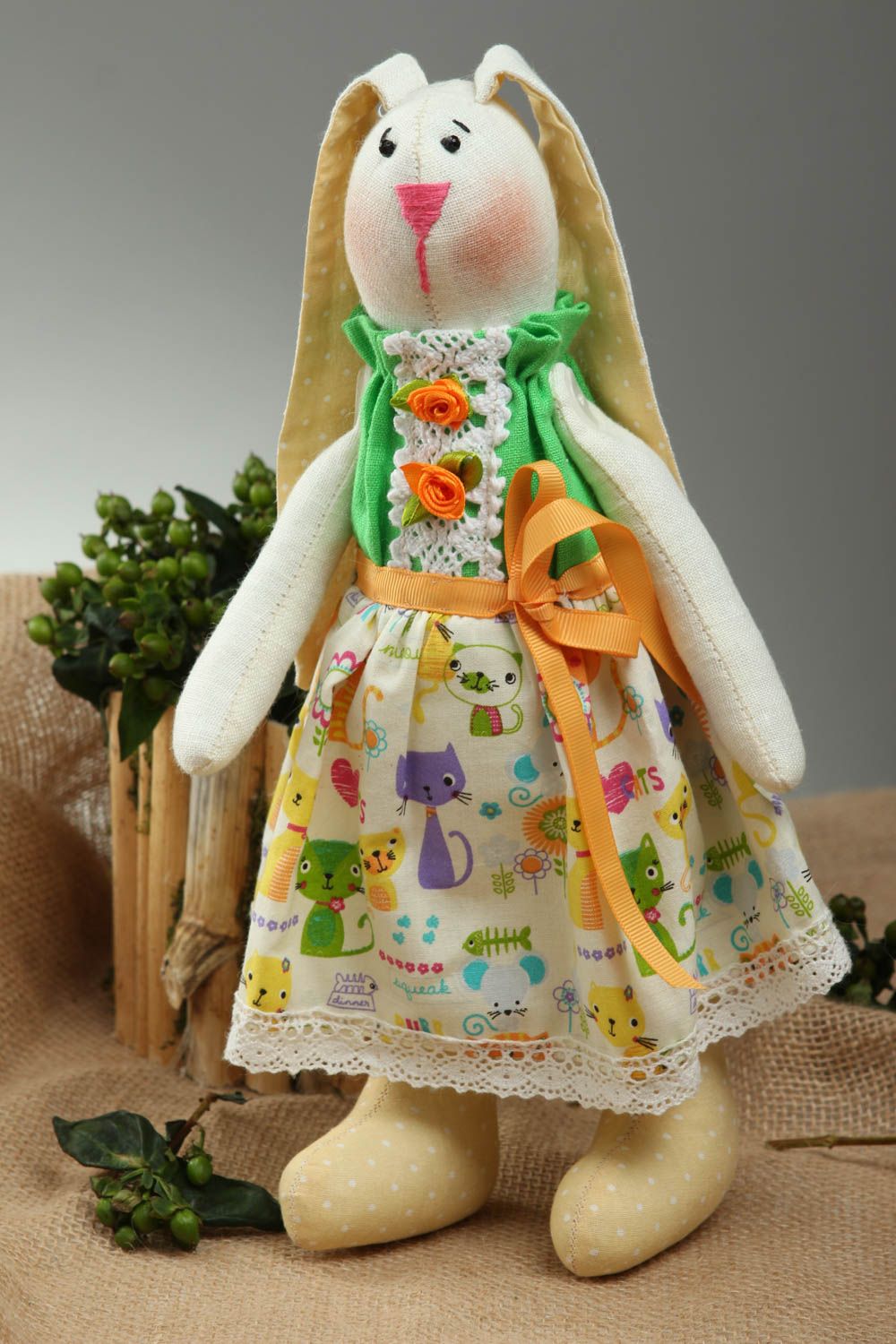 Handmade designer soft toy unusual textile toy bright rabbit for girls photo 1