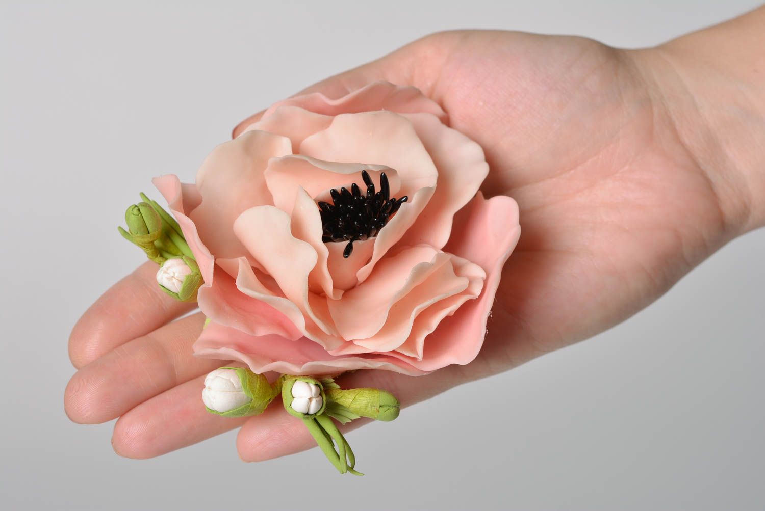 Beautiful handmade designer cold porcelain flower brooch Pink Poppy photo 4