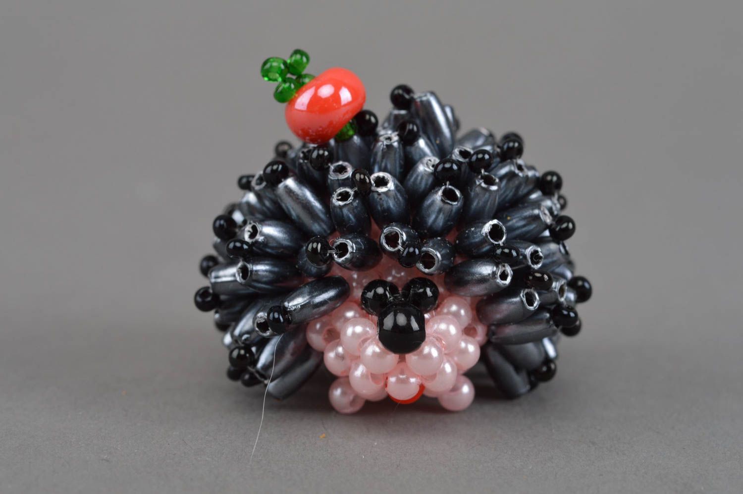 Beautiful small handmade statuette woven of beads Black Hedgehog room decor photo 4