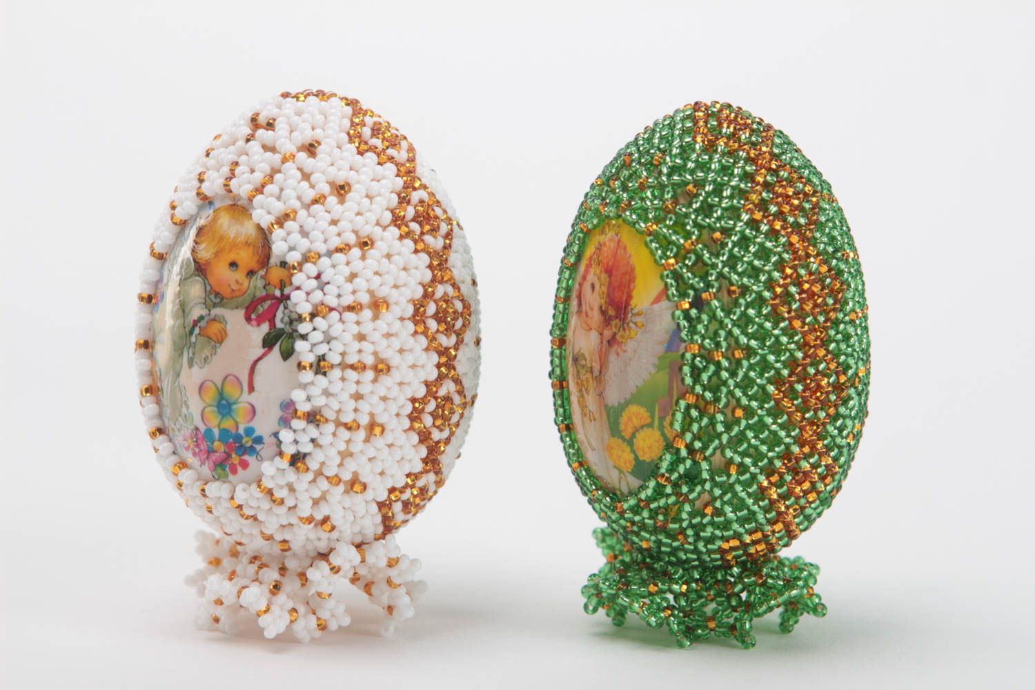 Декоративные яйца из бисера на подставках зеленое и белое набор 2 шт хэнд мейд фото 2