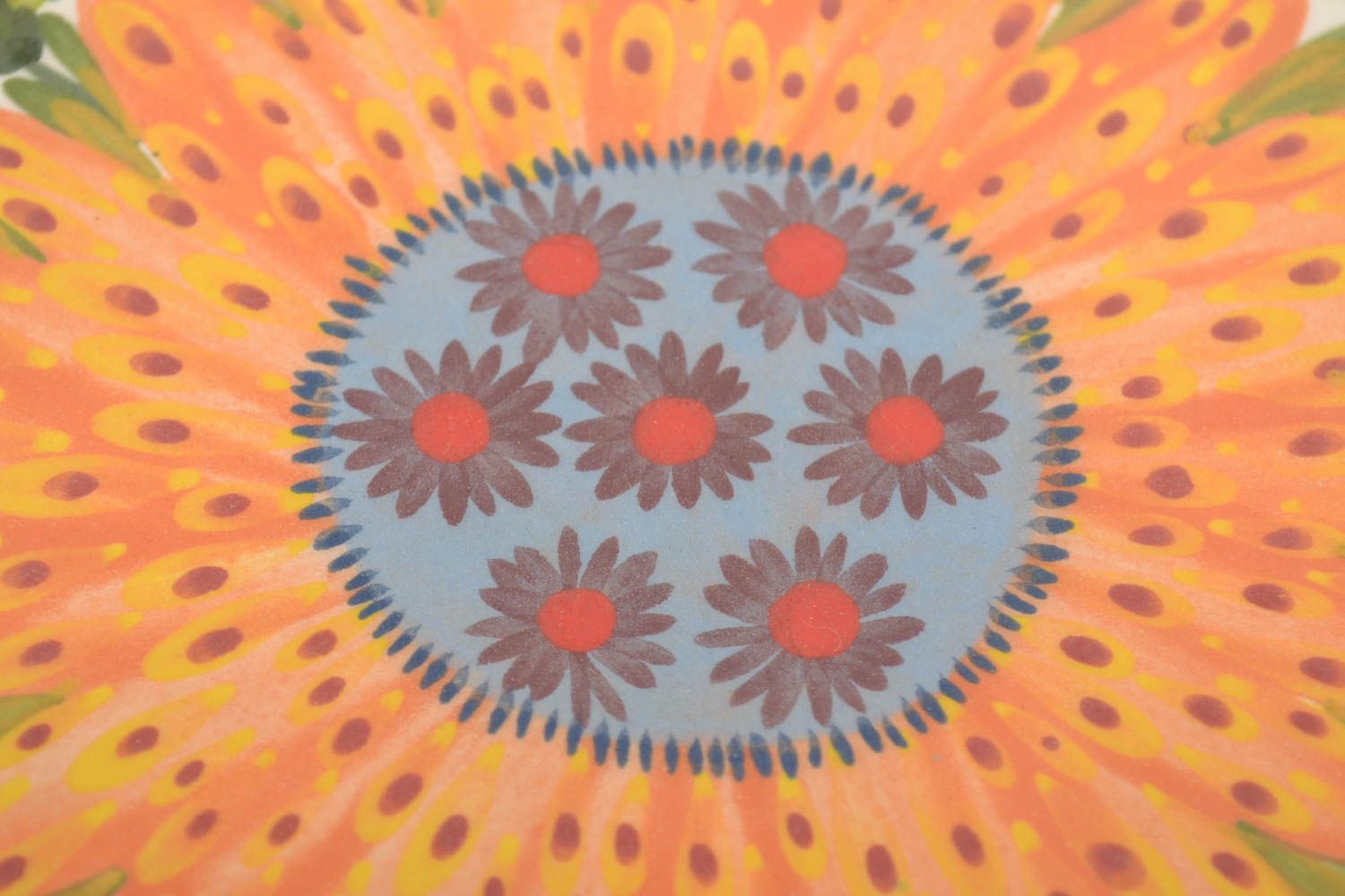 Handmade dekorative Wandplatte aus Ton quadratisch Sonnenblume bemalt bunt foto 3