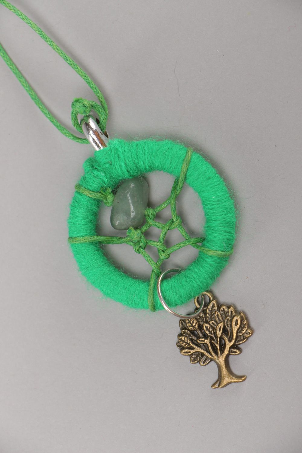 Bright green handmade dreamcatcher pendant necklace with gem jade on cord photo 2