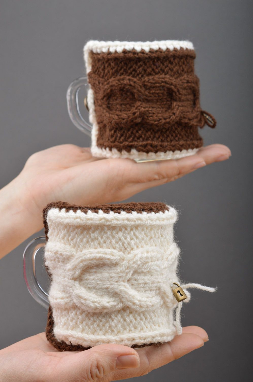 Set of 2 handmade cup cozies woven of woolen threads of white and brown colors photo 3