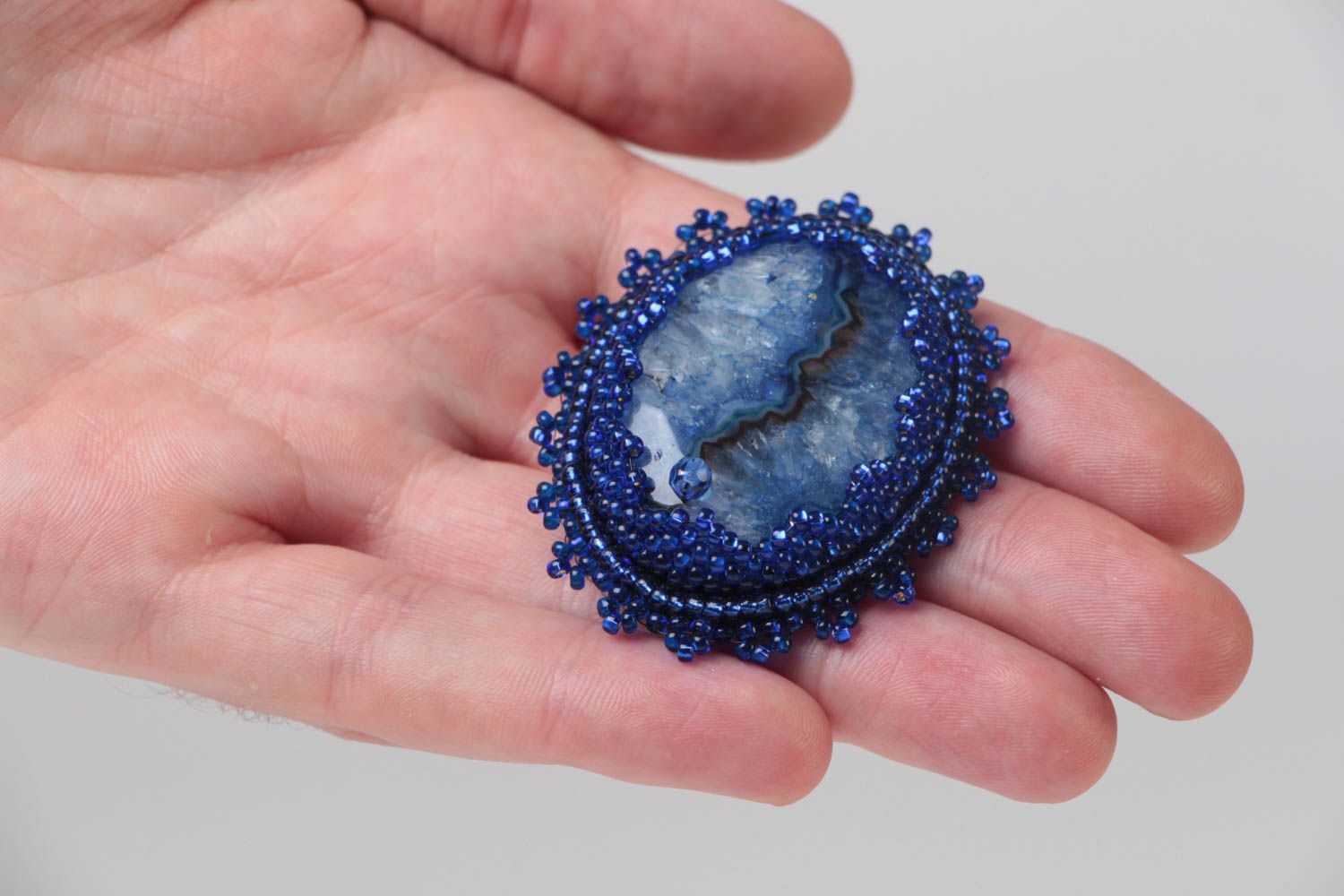 Women's blue handmade brooch with Czech beads and natural agate stone photo 5