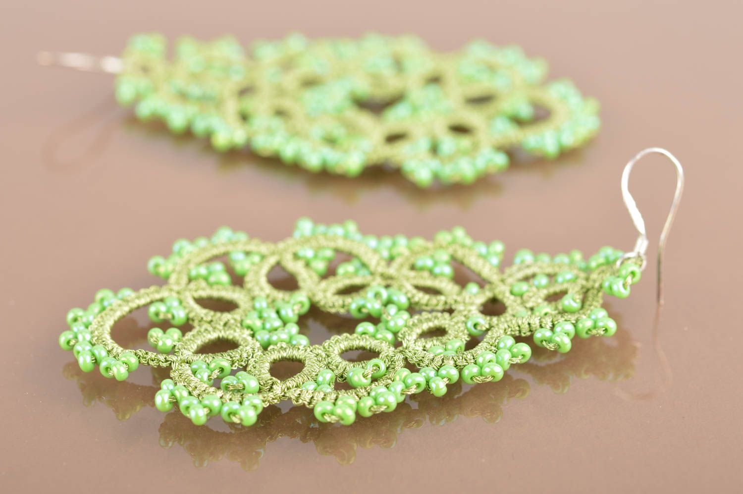 Gentle green handmade tatting lace earrings with beads designer jewelry photo 2