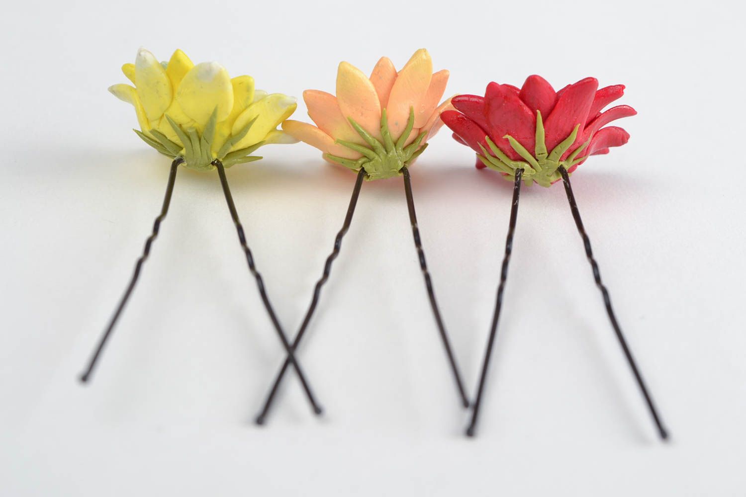 Beautiful handmade designer polymer clay flower hairpins 3 pieces colorful photo 5