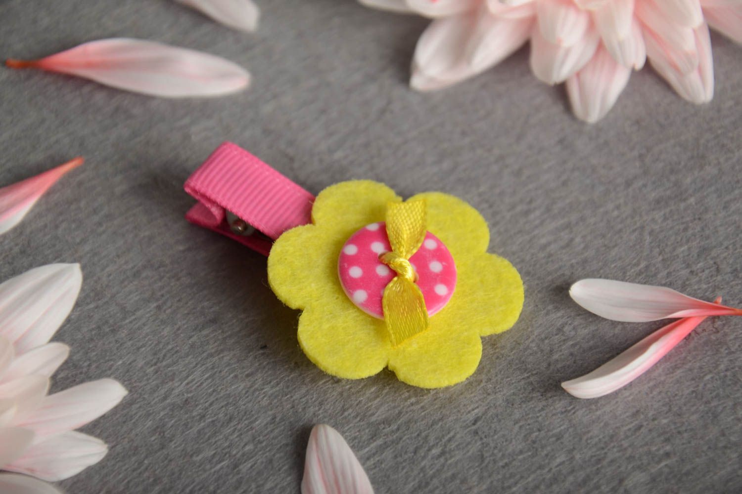 Yellow-pink hair clip made of rep ribbons handmade children's fleece barrette photo 1
