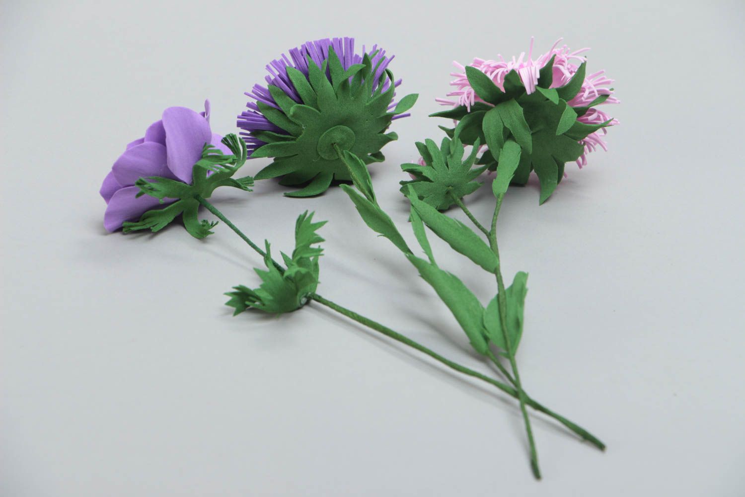 Bouquet of handmade artificial foamiran violet and pink poppy and aster flowers  photo 3