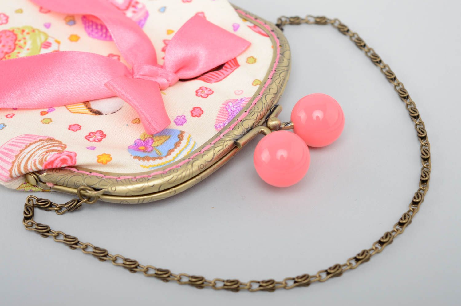 Porte-monnaie avec fermoir boules pour femme nœud décoratif fait main en tissu photo 3