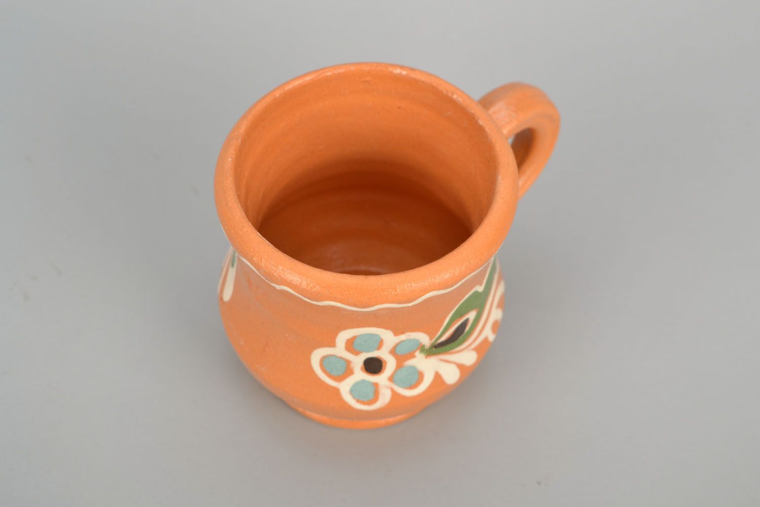 8 oz handmade pottery decorative clay drinking cup with floral pattern in yellow color photo 4