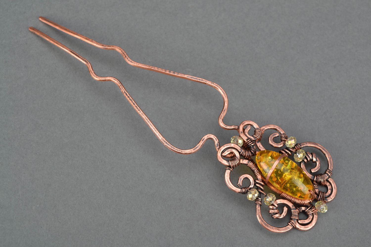 Handmade copper wire wrap jewelry set with amber photo 4