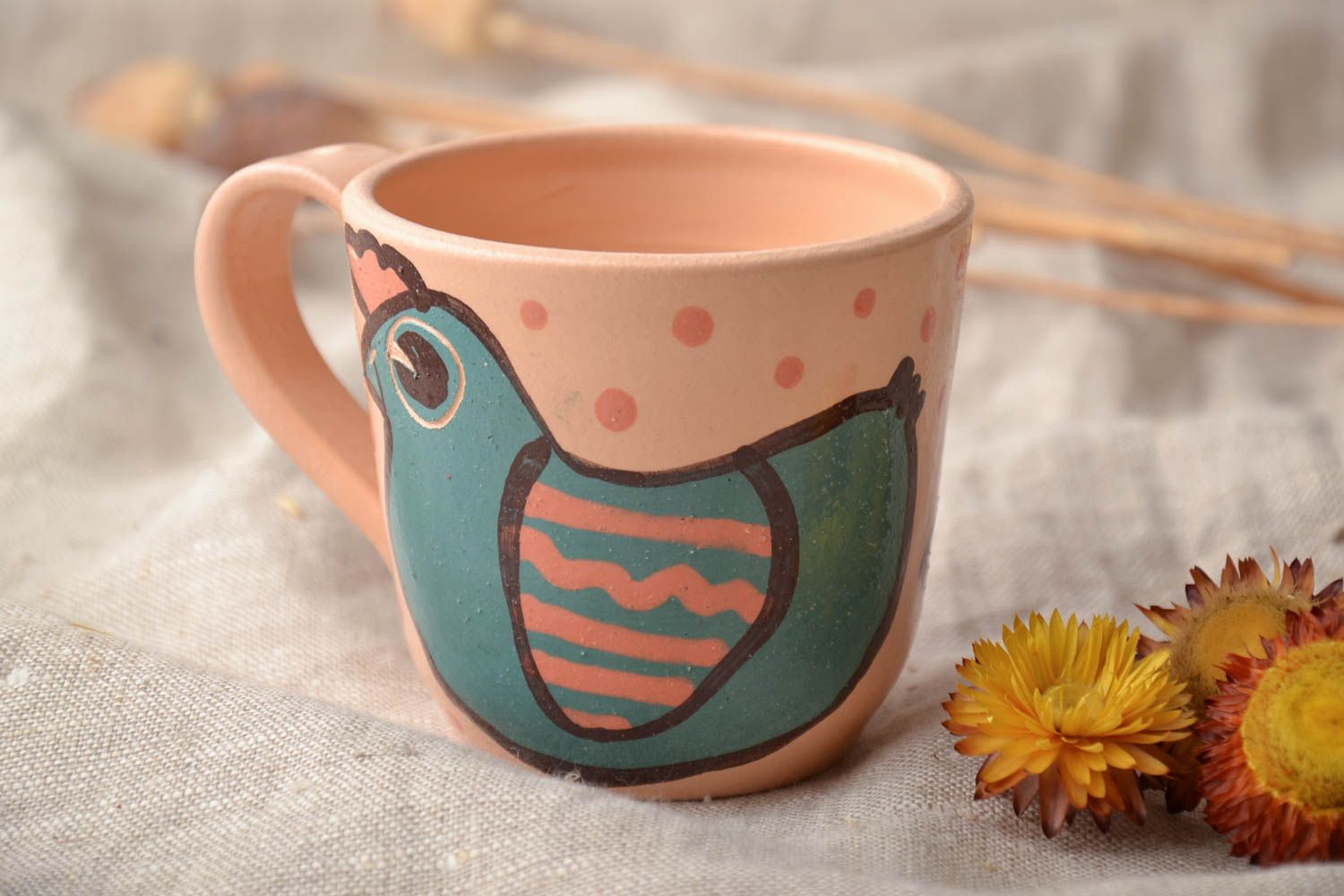 Ceramic cup in peach color with bird pattern. Great gift for a girl. photo 1