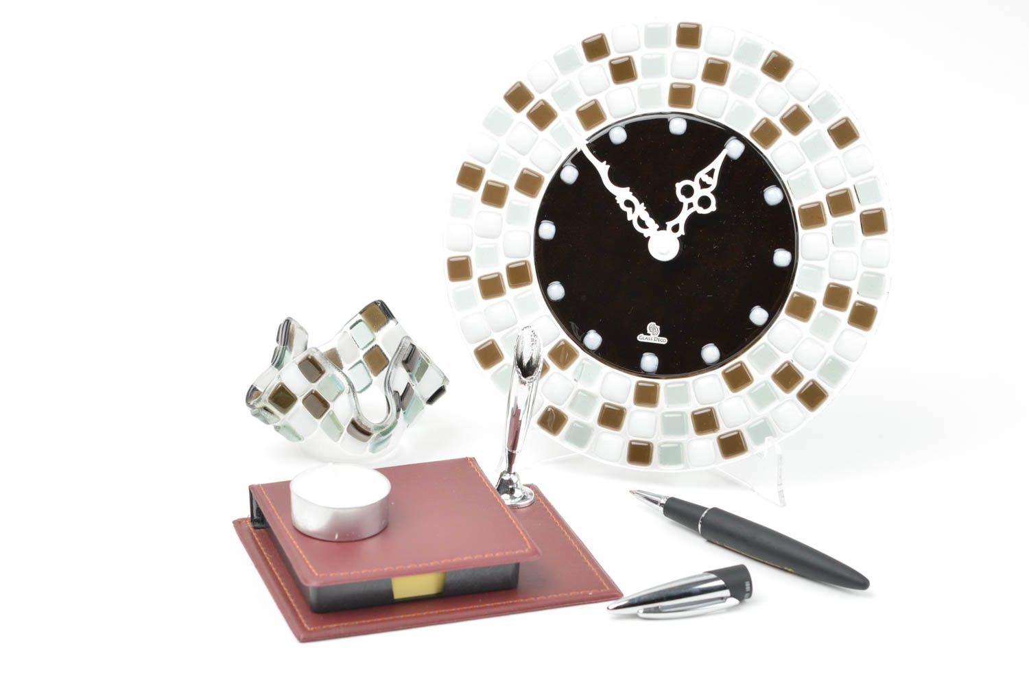 Handmade Geschenke Set Wanduhr aus Glas Teelicht Kerzenhalter schön bunt grell foto 1