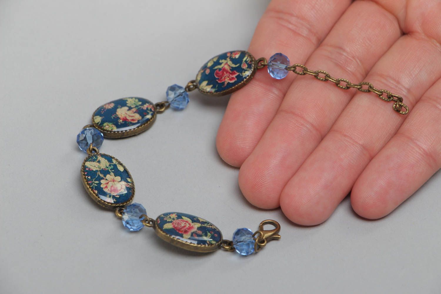Beautiful stylish handmade glass glaze wrist bracelet of blue color with flowers photo 5