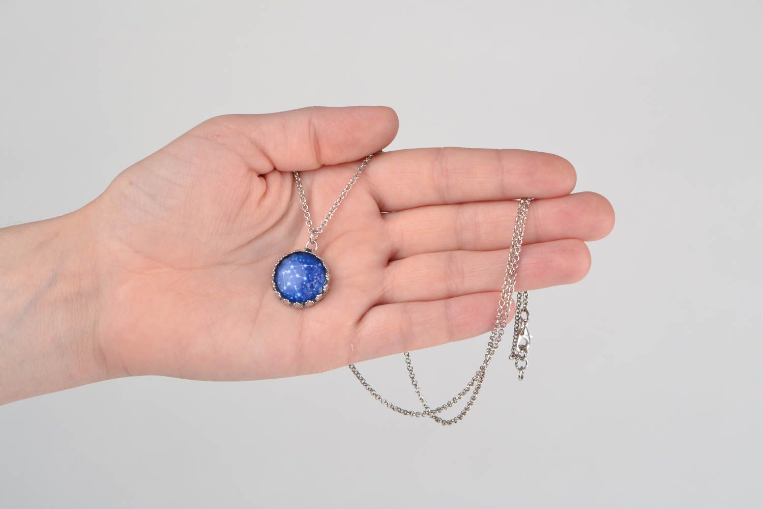 Handmade designer round glass pendant with Aquarius constellation on long chain photo 2