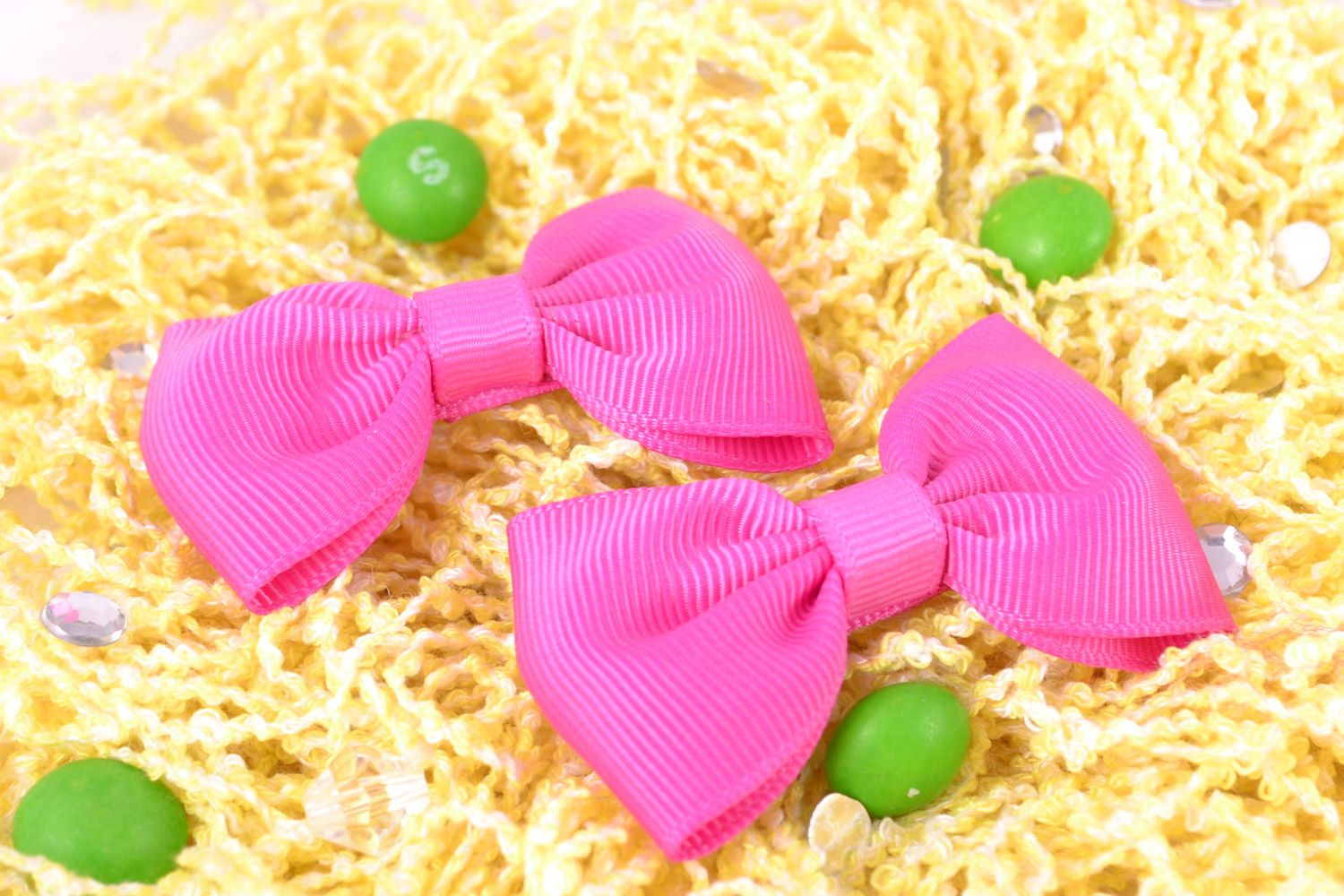 Bright pink small handmade textile hair bows 2 items textile hair accessories set photo 1
