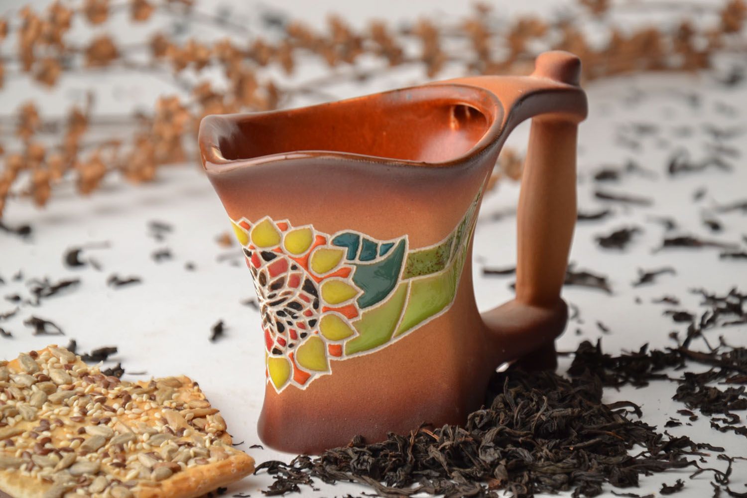 Square handmade terracotta color coffee or tea cup with wide large handle and sunflower pattern photo 1