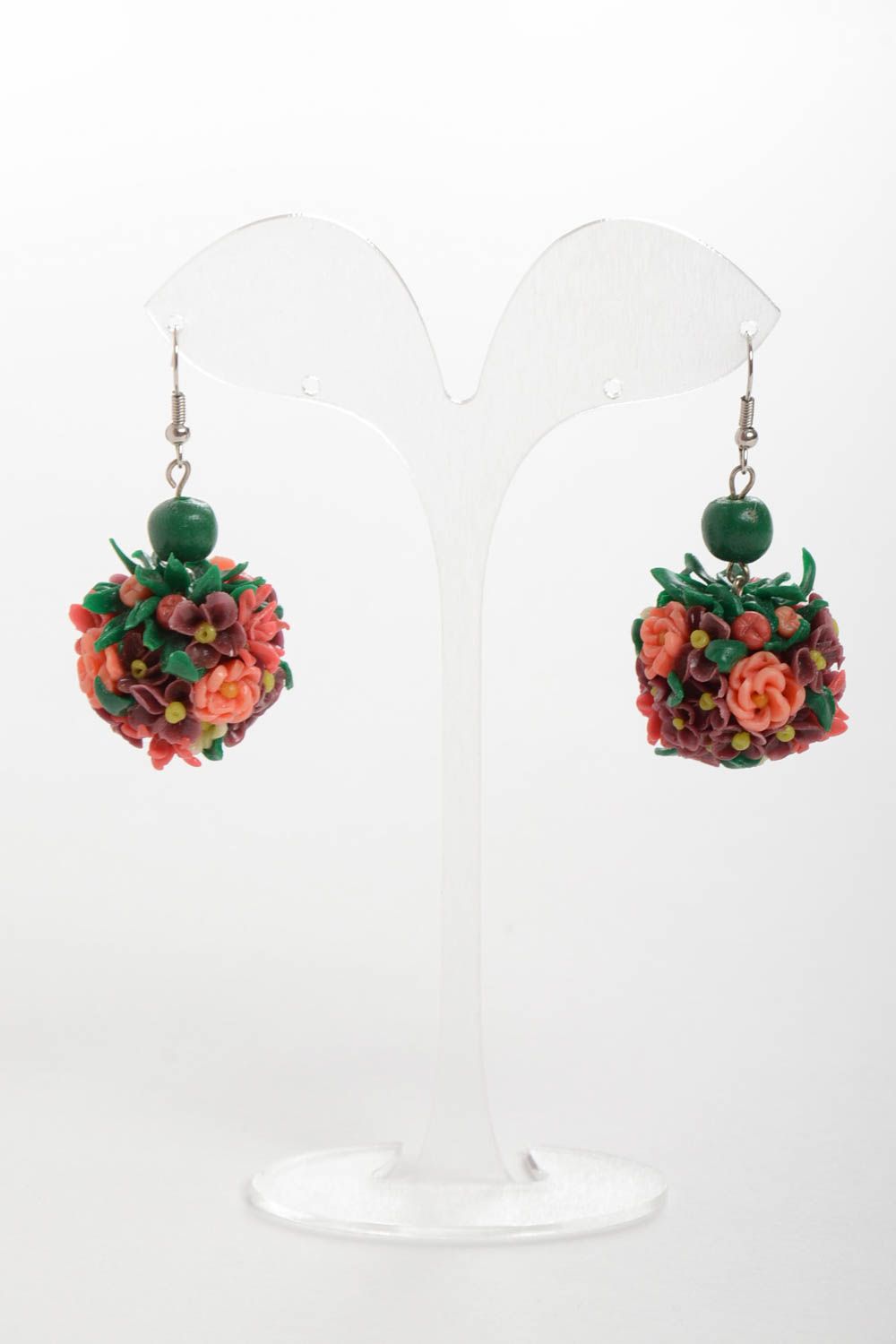 Handmade festive earrings flower ball accessories earrings made of polymer clay photo 2