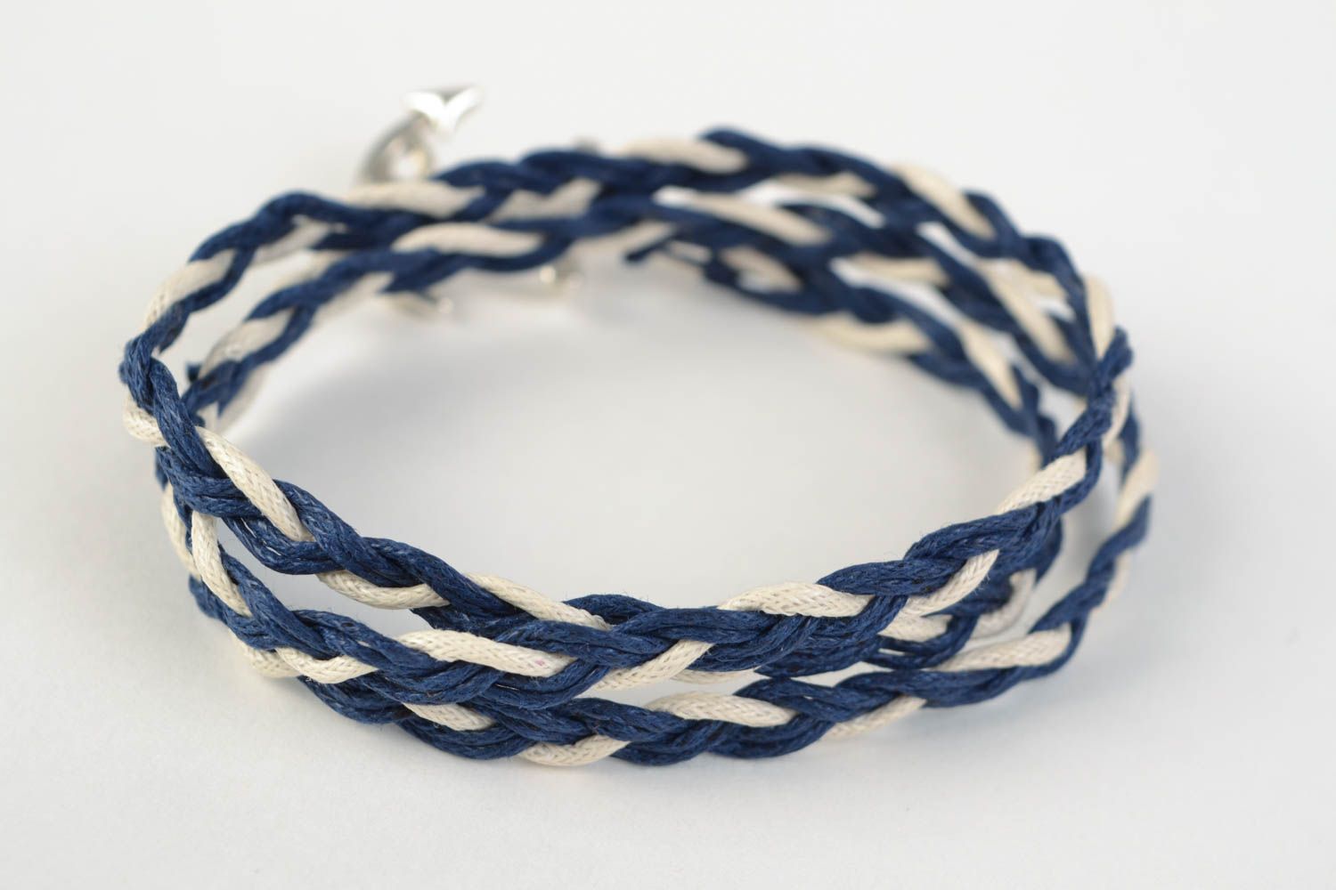 Handmade waxed cord bracelet with charm anchor blue with white  photo 4
