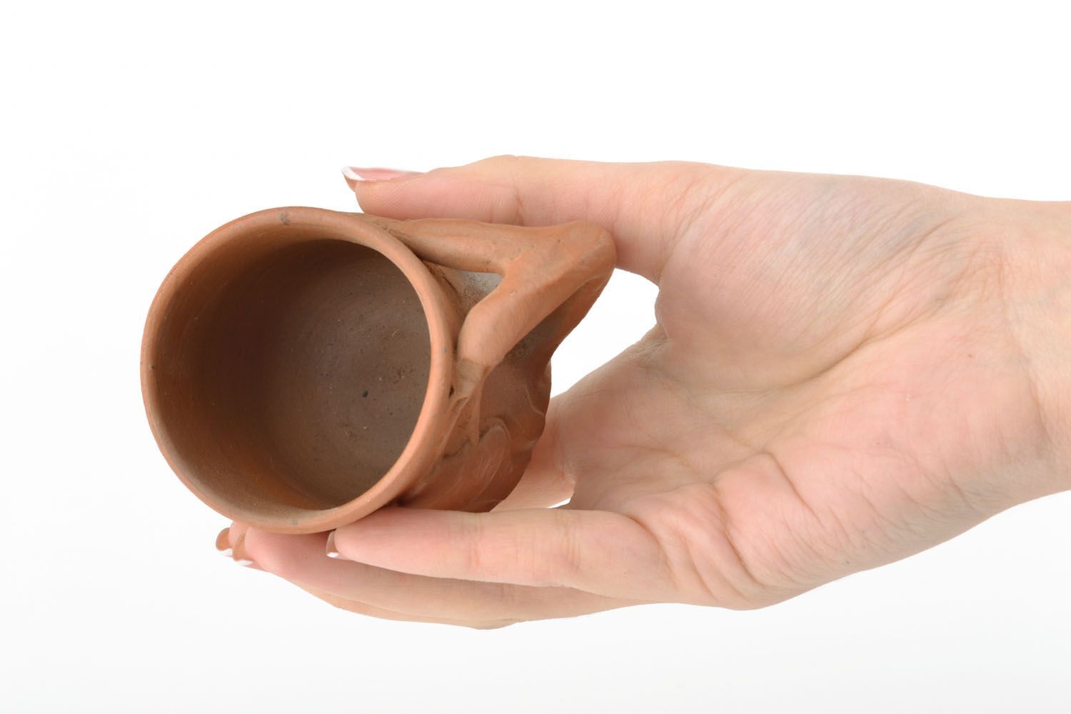 Art 5 oz terracotta color clay cup with handle and molded leaf with handle photo 6