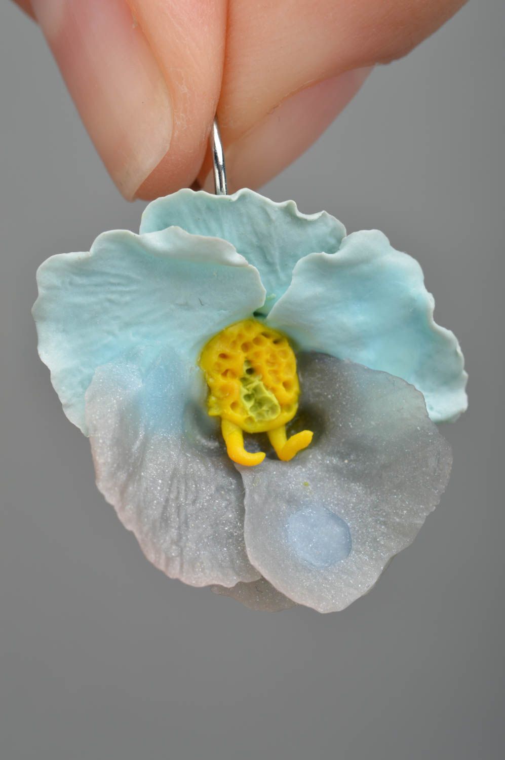 Tender blue designer handmade earrings with polymer clay violet flowers  photo 3