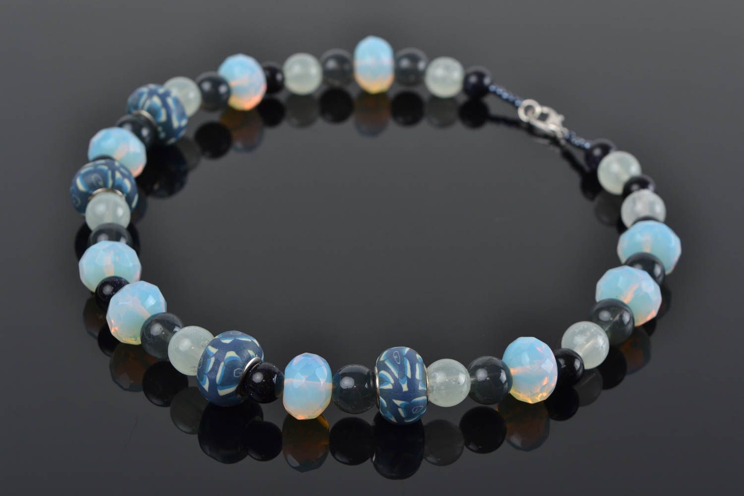 Beautiful blue handmade designer thin glass bead necklace with natural stone photo 1