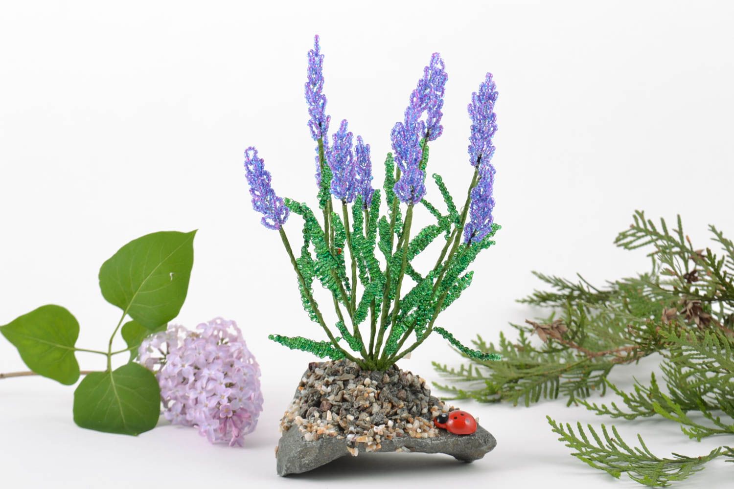 Handmade designer artificial lavender flower woven of seed beads on stand photo 1