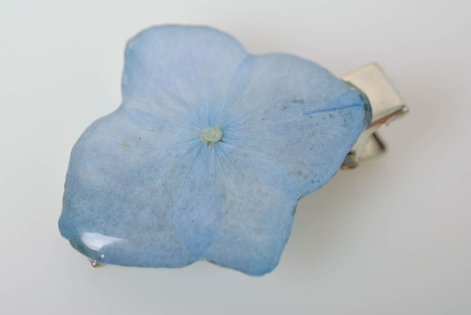 Beautiful blue handmade metal hair clip with dried flowers coated with epoxy photo 5