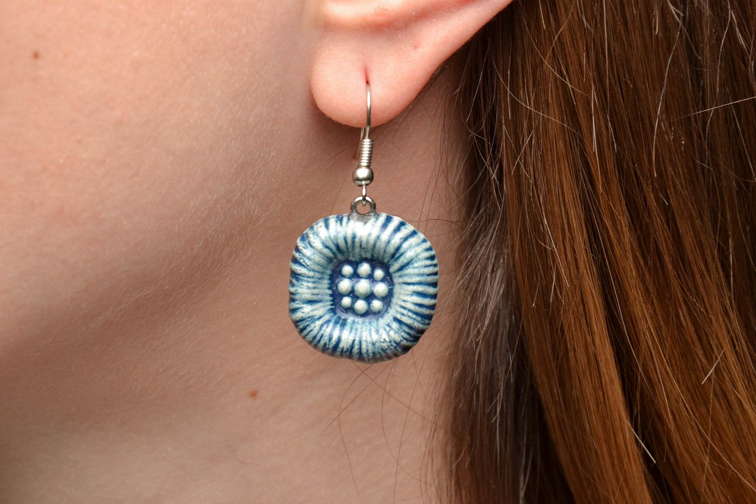 Handmade ceramic earrings with enamel painting of blue and white colors photo 5