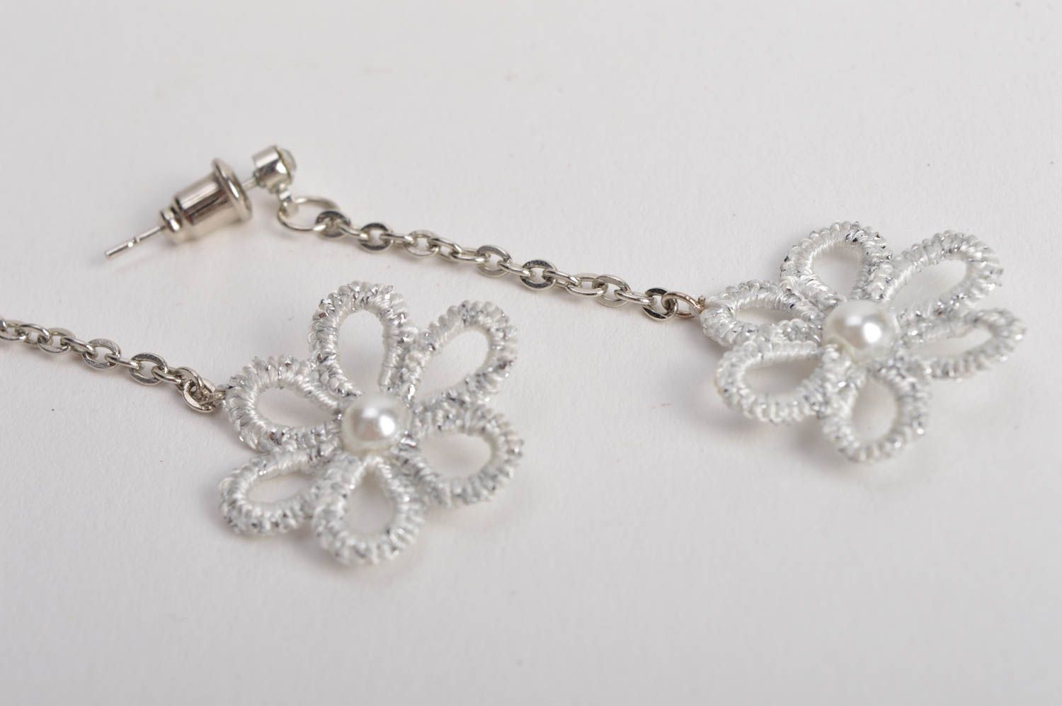 Beautiful neat white handmade designer tatting earrings with chains and flowers photo 5